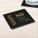 Posavasos Cuadrado De Papel Modern Classic Black 80th Birthday Cocktail Fiesta<br><div class="desc">Black,  White & Gold Modern 80th Birthday Cocktail Fiesta Cuadrado Papel de montaña</div>