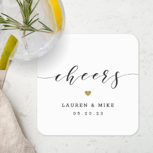 Posavasos Cuadrado De Papel Modern Gold Heart Cheers Boda