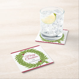 Posavasos Cuadrado De Papel Modern Green Wreath Merry Christmas Personalized