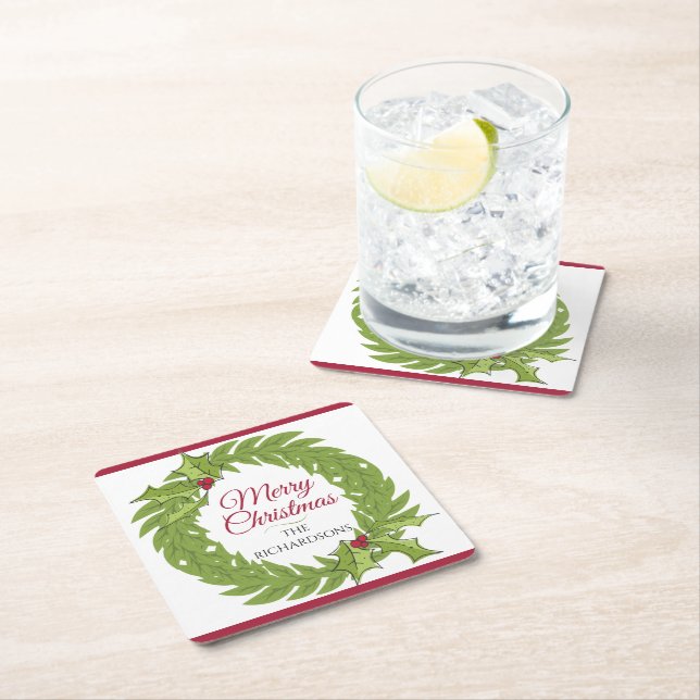 Posavasos Cuadrado De Papel Modern Green Wreath Merry Christmas Personalized (In situ)