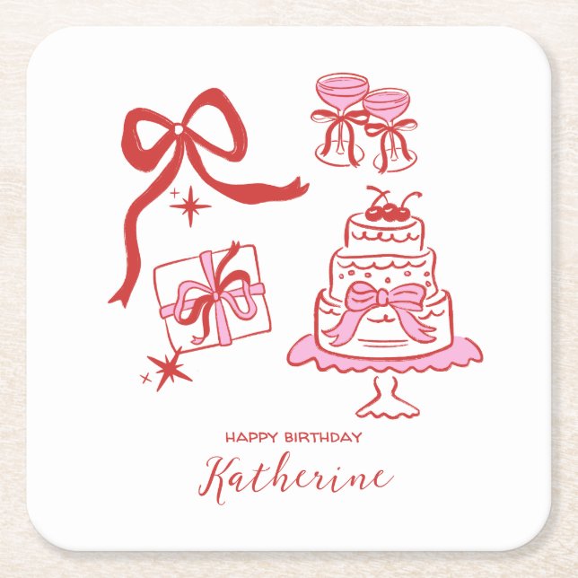 Posavasos Cuadrado De Papel Modern Hand Drawn Red Pink Birthday Doodles Party (Anverso)