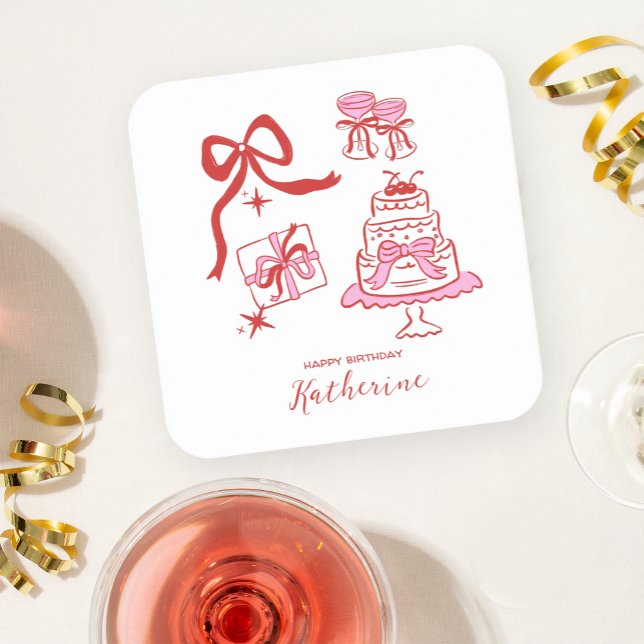 Posavasos Cuadrado De Papel Modern Hand Drawn Red Pink Birthday Doodles Party (Subido por el creador)