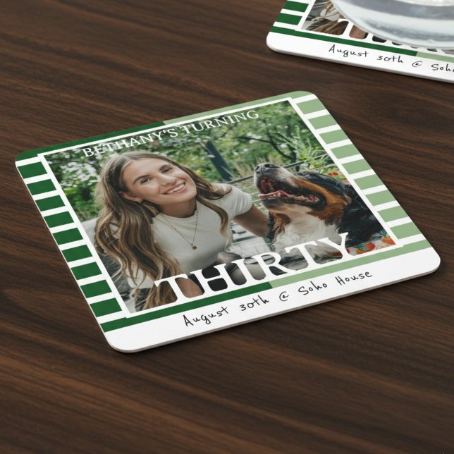 Posavasos Cuadrado De Papel Modern Minimalist Striped 30th Birthday Photo (Celebrate the beginning of a new decade with this Modern Minimalist Striped 30th Birthday Coaster!)