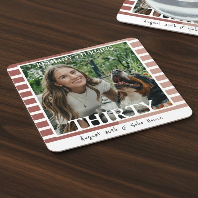 Posavasos Cuadrado De Papel Modern Minimalist Striped 30th Birthday Photo (Celebrate the beginning of a new decade with this Modern Minimalist Striped 30th Birthday Coaster!)