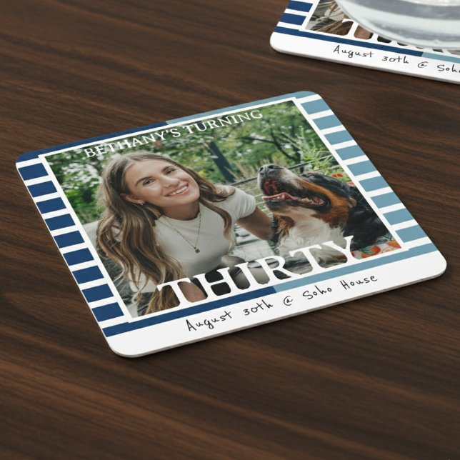 Posavasos Cuadrado De Papel Modern Minimalist Striped 30th Birthday Photo (Celebrate the beginning of a new decade with this Modern Minimalist Striped 30th Birthday Coaster!)