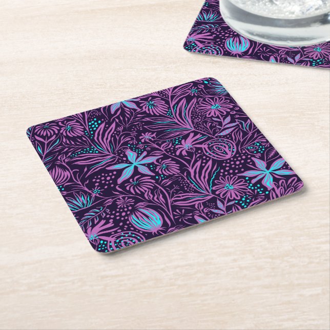 Posavasos Cuadrado De Papel Modern Neon Purple Floral Pattern (En perspectiva)