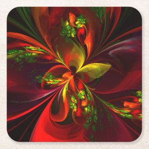 Posavasos Cuadrado De Papel Modern Red Green Floral Abstract Art Pattern #05
