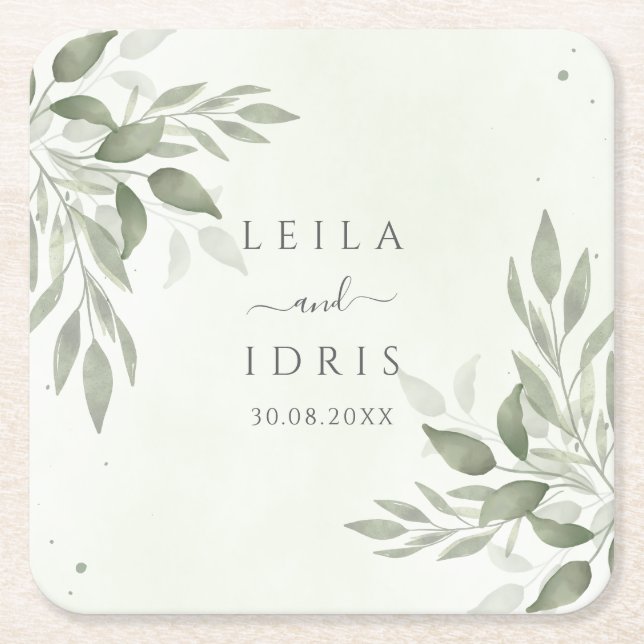 Posavasos Cuadrado De Papel Modern Sage Greenery Wedding Coasters (Anverso)