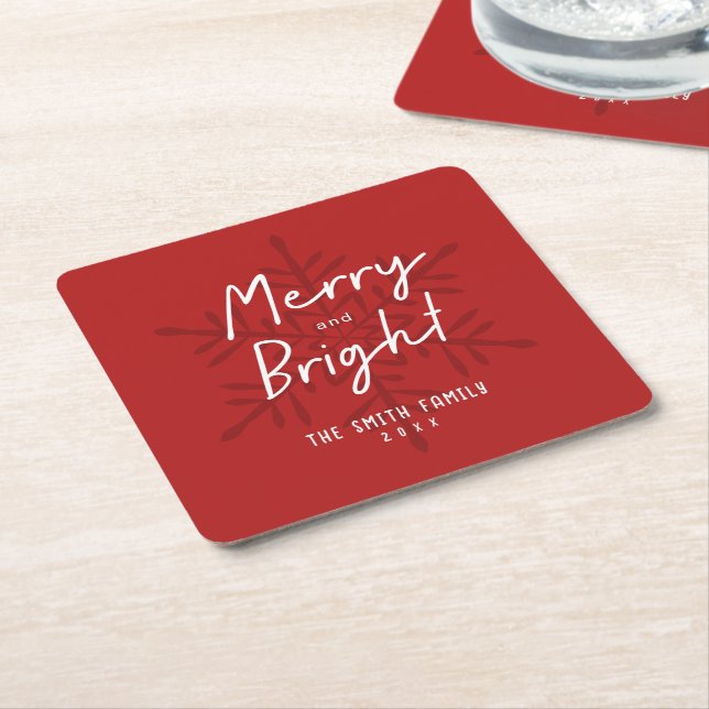 Posavasos Cuadrado De Papel Modern Script Merry & Bright Snowflakes Christmas (En perspectiva)