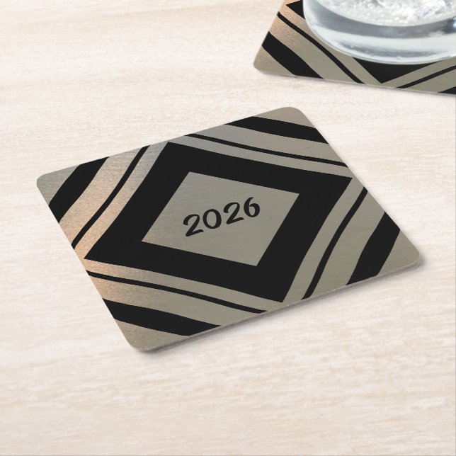 Posavasos Cuadrado De Papel Modern Stylish Brushed Metal 2026 New Years Party (En perspectiva)