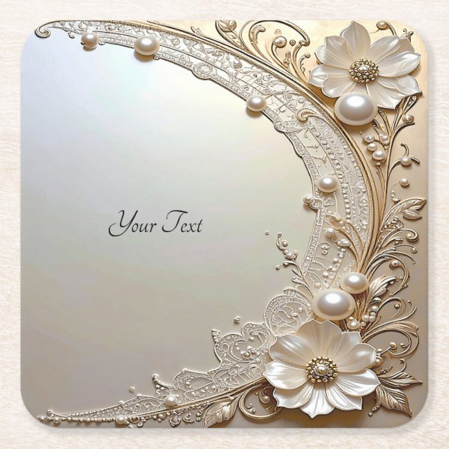 Posavasos Cuadrado De Papel Modern White Flowers Pearls Paper Coaster (Anverso)