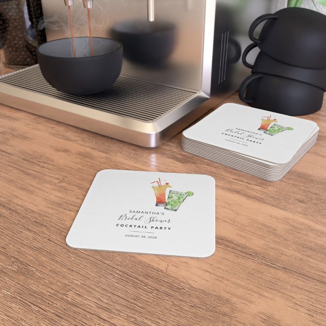Posavasos Cuadrado De Papel Moderno acuarela Bridal Shower Cocktail Fiesta (Bridal Shower Cocktail Party Coasters)