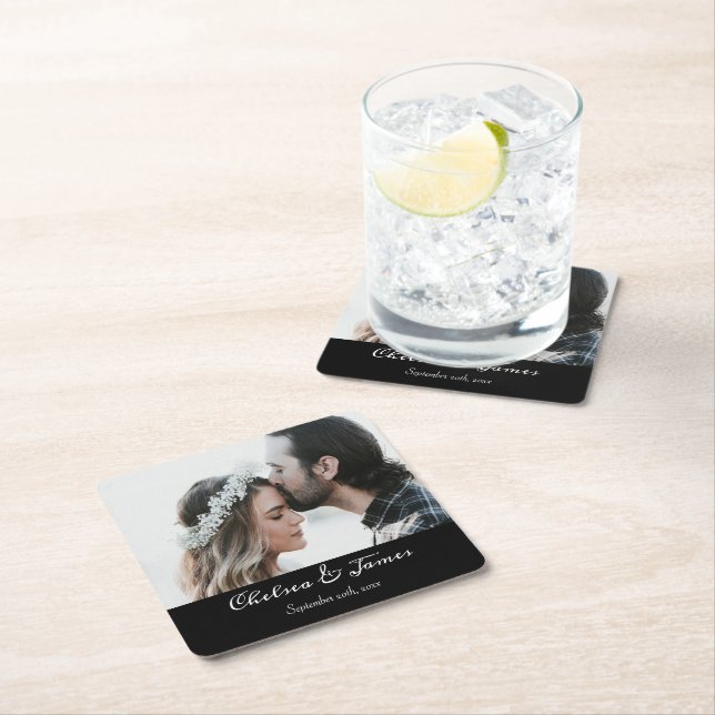 Posavasos Cuadrado De Papel Moderno Boda de fotografía elegante de caligrafía  (In situ)