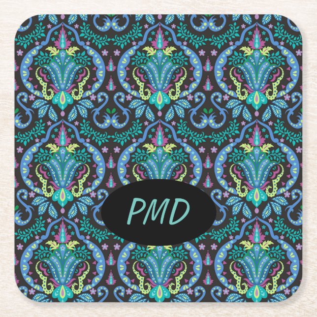 Posavasos Cuadrado De Papel Moderno Damask Art Deco Black Turquoise Blue Name (Anverso)