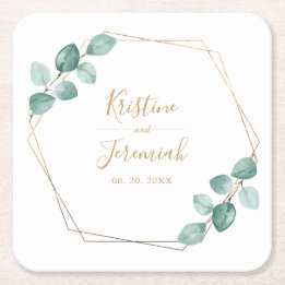 Posavasos Cuadrado De Papel Moderno Eucalyptus Watercolor Gold Script Boda