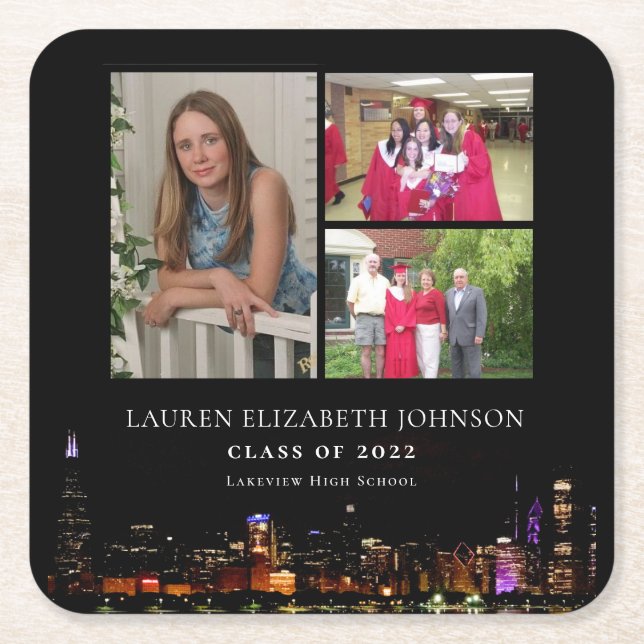 Posavasos Cuadrado De Papel Moderno Graduación de Collage de fotos Chicago Sky (Anverso)