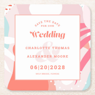 Posavasos Cuadrado De Papel Moderno Guardar La Fecha Boda Patrón Coral Verde a