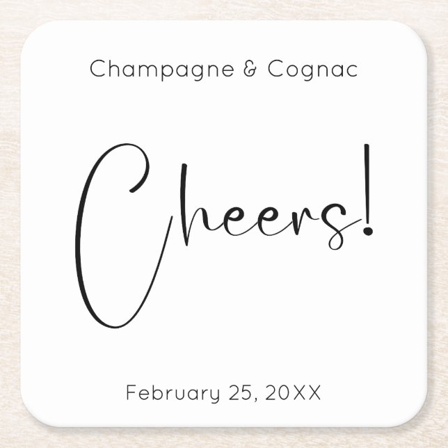 Posavasos Cuadrado De Papel Moderno Script Cheers Wedding Shower (Anverso)