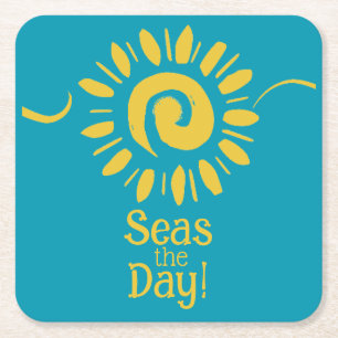 Posavasos Cuadrado De Papel Moderno Sun Blue Yellow Beach House Seas Day Set