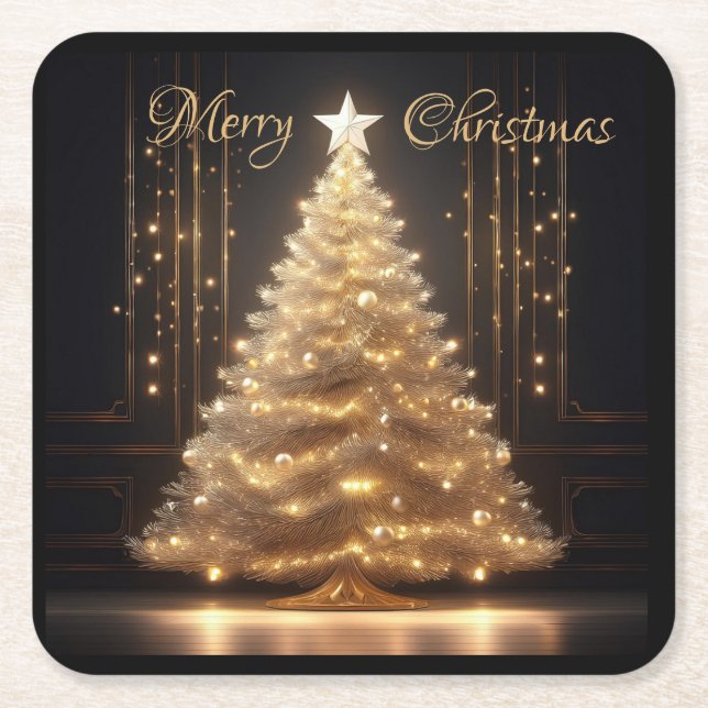 Posavasos Cuadrado De Papel Moderno y elegante árbol de Navidad dorado (Anverso)