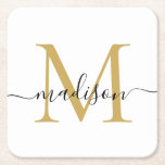Posavasos Cuadrado De Papel Moderno y elegante nombre de guión monograma de or<br><div class="desc">Elegante Moderno Personalizado Black Gold Monograma Nombre de la bandeja de papel inicial</div>