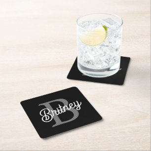 Posavasos Cuadrado De Papel Moderno y elegante nombre de monograma guión gris 