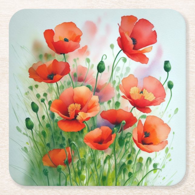 Posavasos Cuadrado De Papel Mohnblumenwiese, Aquarell -  (Anverso)