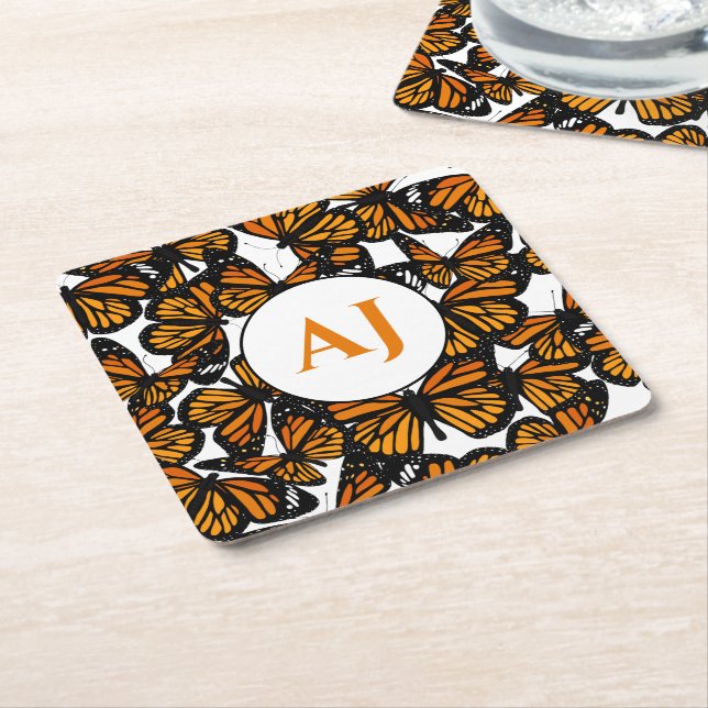 Posavasos Cuadrado De Papel Monarca naranja Mariposa Tropical Monogramada (En perspectiva)