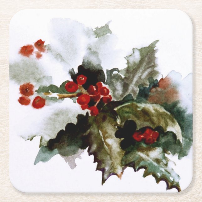 Posavasos Cuadrado De Papel Monasterio cuadrado de Holly Holidays (Anverso)