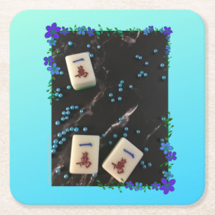 Posavasos Cuadrado De Papel Monasterio de Mahjong Floral Azul