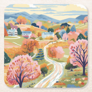 Posavasos Cuadrado De Papel Monasterio de paisaje otoñal