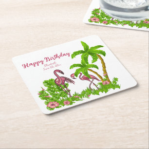 Posavasos Cuadrado De Papel Monasterio de papel Flamingos y Flores Tropicales