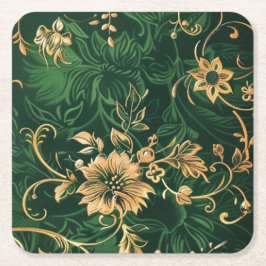 Posavasos Cuadrado De Papel Monastre floral verde y dorada