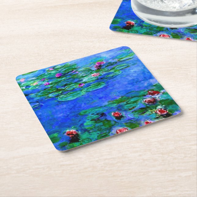 Posavasos Cuadrado De Papel Monet - Lilies de agua (rojo) (En perspectiva)