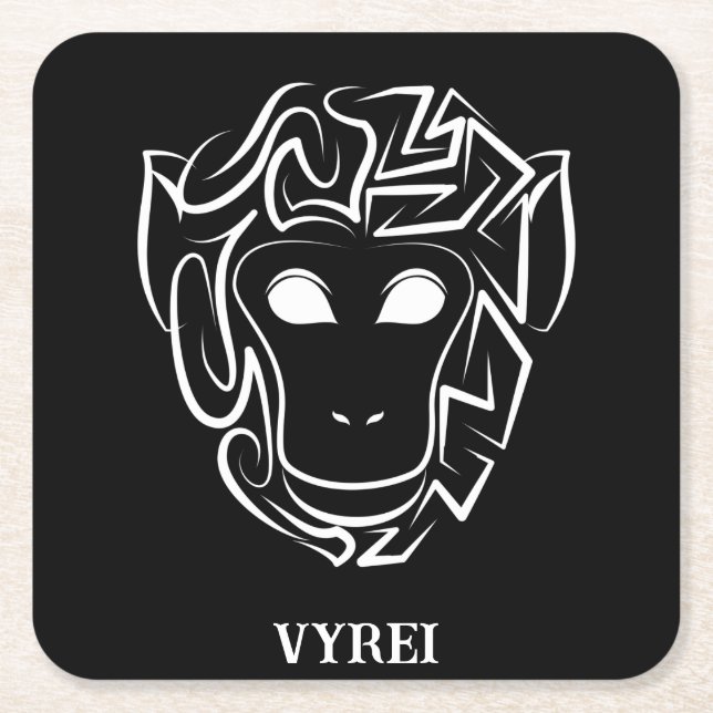 Posavasos Cuadrado De Papel Mono tribal blanco y negro (Anverso)