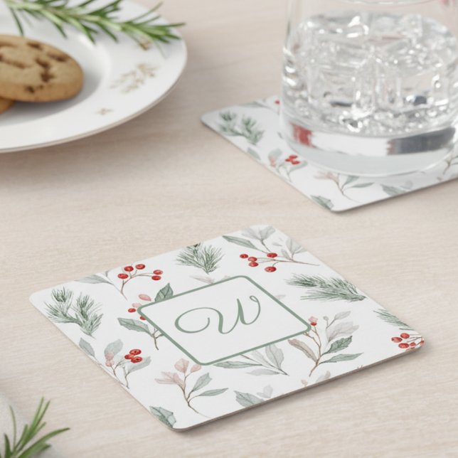 Posavasos Cuadrado De Papel Monogram Winter Botanical Paper Drink Coaster (Holiday party drink coaster)