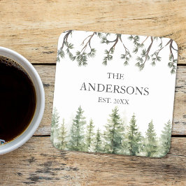 Posavasos Cuadrado De Papel Monograma Acuarela Rústica de Pinos y Ramas