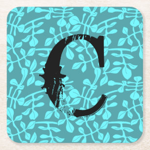 Posavasos Cuadrado De Papel Monograma angustiado en hojas estilizadas de aqua