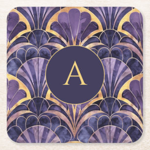 Posavasos Cuadrado De Papel Monograma Art Déco Personalizado Elegante Púrpura