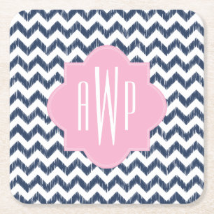 Posavasos Cuadrado De Papel Monograma azul de Chevron Ikat