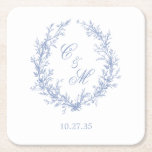 Posavasos Cuadrado De Papel Monograma azul turbio Boda de guirnaldas botánicas<br><div class="desc">Estos elegantes y ondulados recubrimientos de papel cuadrado de Boda mural botánico azul monograma serían exquisitos en sus eventos bodas. Cuentan con una hermosa, florida, romántica, botánica, polvorienta corona azul que rodea las iniciales de la novia y el novio en una letra de escritura clásica y tienen la fecha boda....</div>