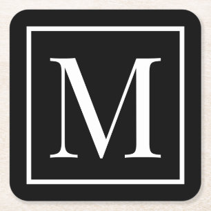Posavasos Cuadrado De Papel Monograma blanco negro personalizar   Cualquier fo