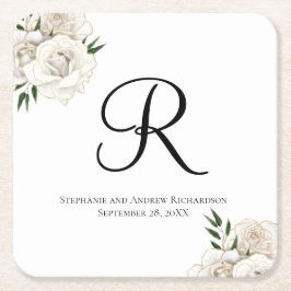 Posavasos Cuadrado De Papel Monograma Blanco Roses Floral Elegante Boda