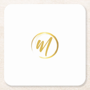 Posavasos Cuadrado De Papel Monograma blanco y dorado