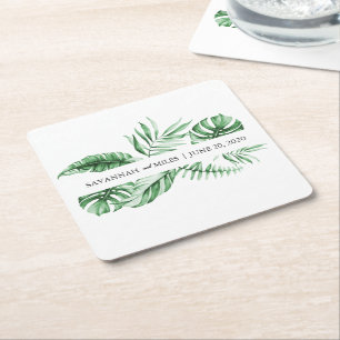 Posavasos Cuadrado De Papel Monograma Boda de palmas de vegetación tropical