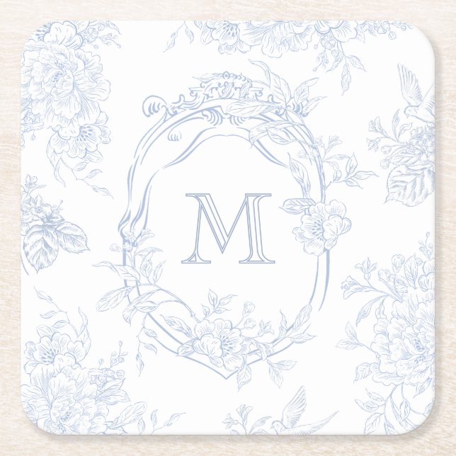 Posavasos Cuadrado De Papel Monograma Boda de tela azul floral inicial (Anverso)