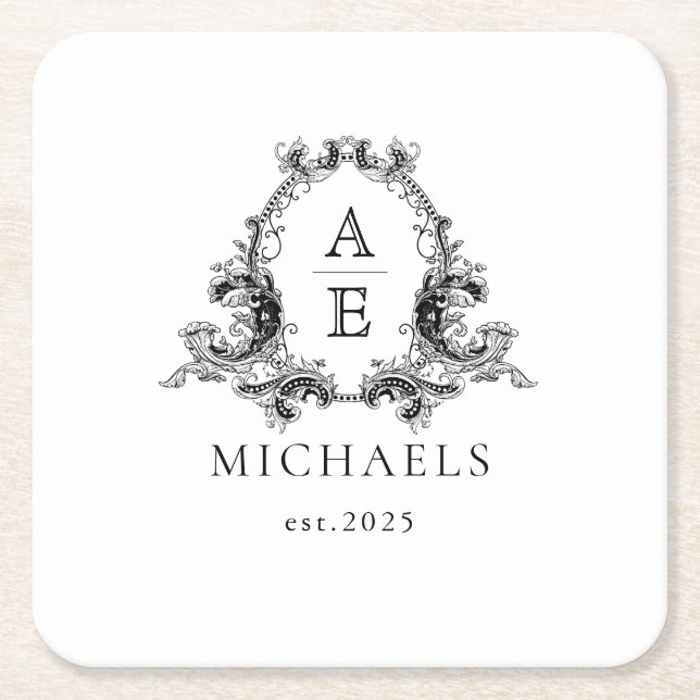 Posavasos Cuadrado De Papel Monograma boda | Monastre blanca y negra (Anverso)