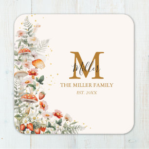 Posavasos Cuadrado De Papel Monograma Bosque Hongos Flores Floral botánico