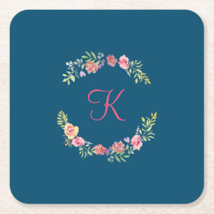 Posavasos Cuadrado De Papel Monograma color rosa, amarillo y verde floral acuá