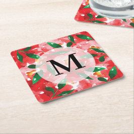 Posavasos Cuadrado De Papel Monograma de acuarela rojo floral